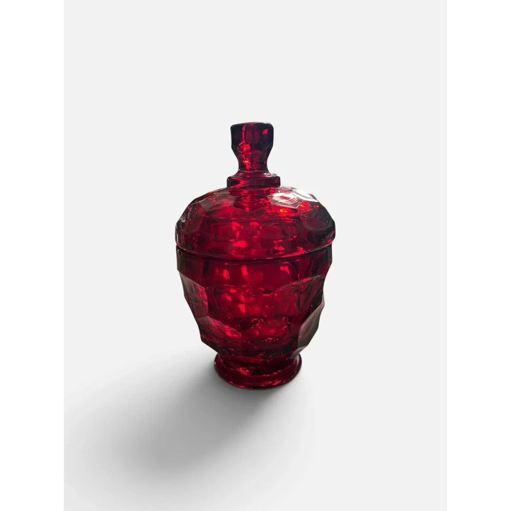 Vintage Ruby Red Glass Covered Candy Dish Trinket Jar Faceted Pedestal